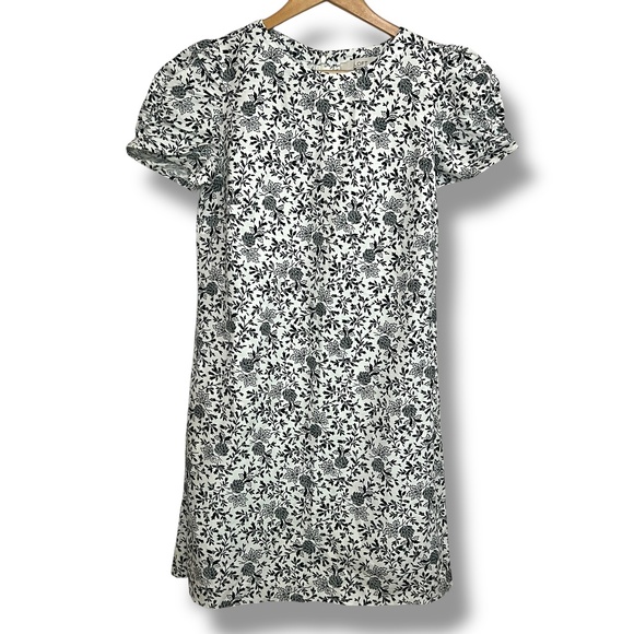 LOFT‎ Size 6 Linen Blend Shift Floral Ruched Black White Dress Garden Party - Picture 1 of 12